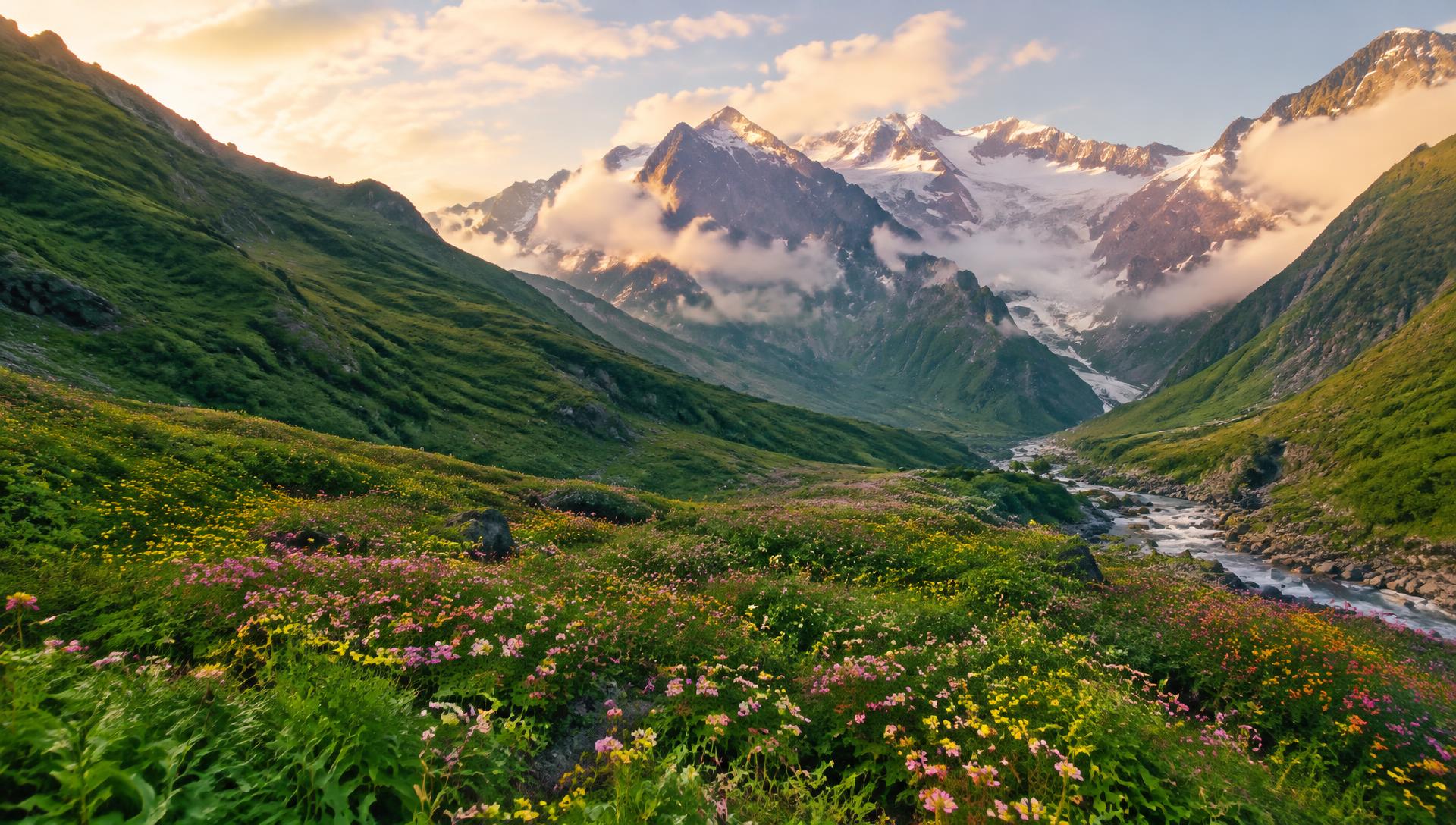Alpine meadow of wildflowers in the Valley of Flowers, Uttarakhand