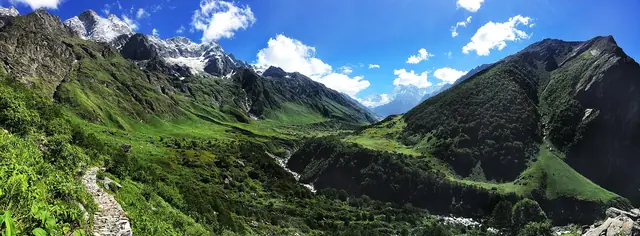 Panorama of the valley floor, ringed by snow peaks
