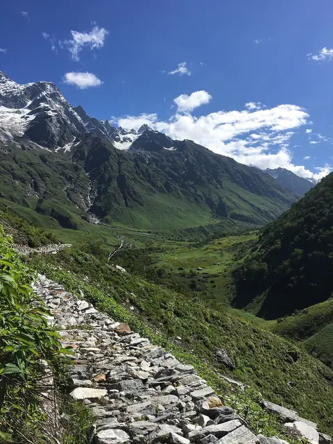 The stone-paved trail climbing towards the peaks